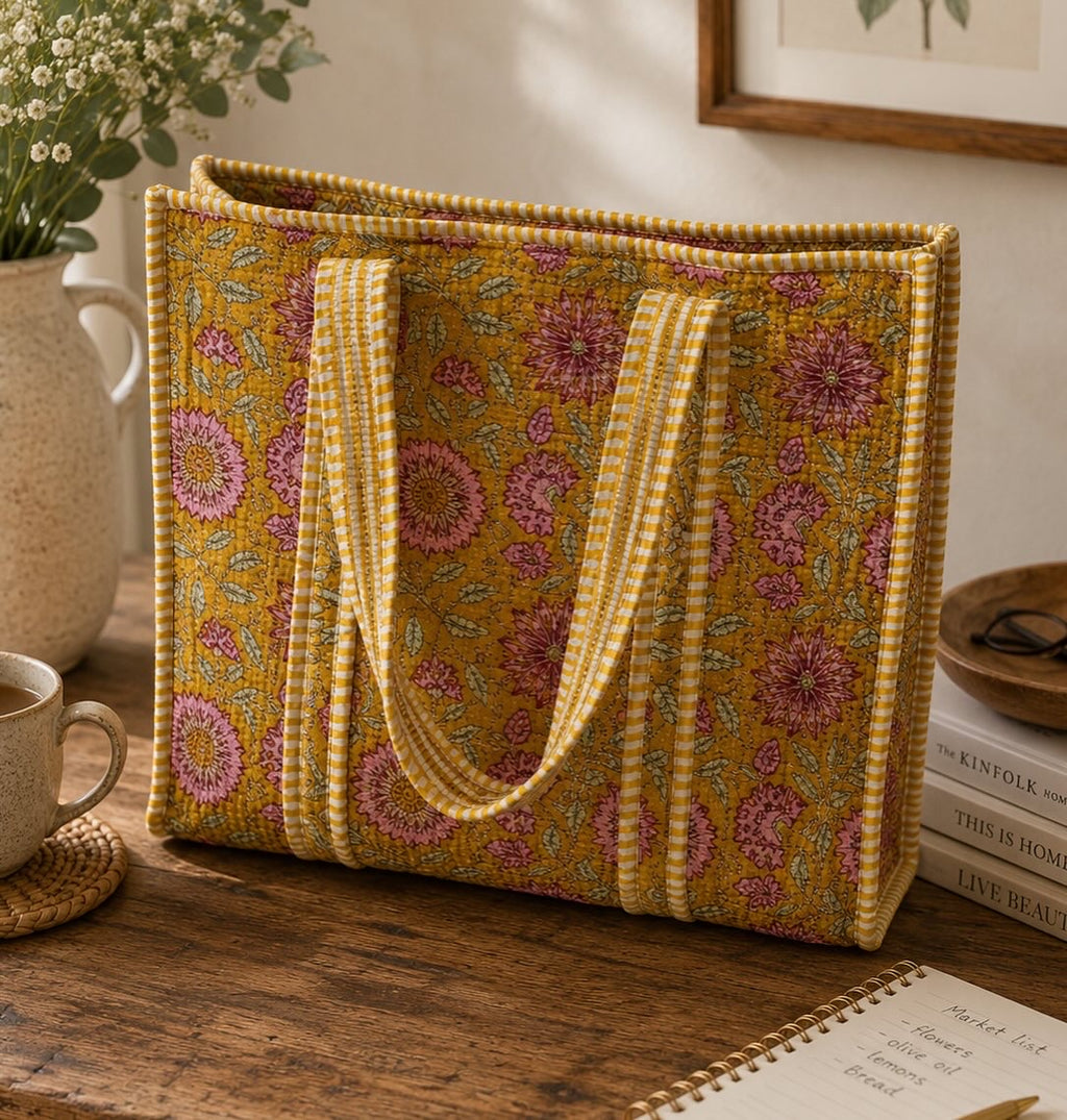 Large Golden Meadow Reversible Patterned Fabric Tote Bag