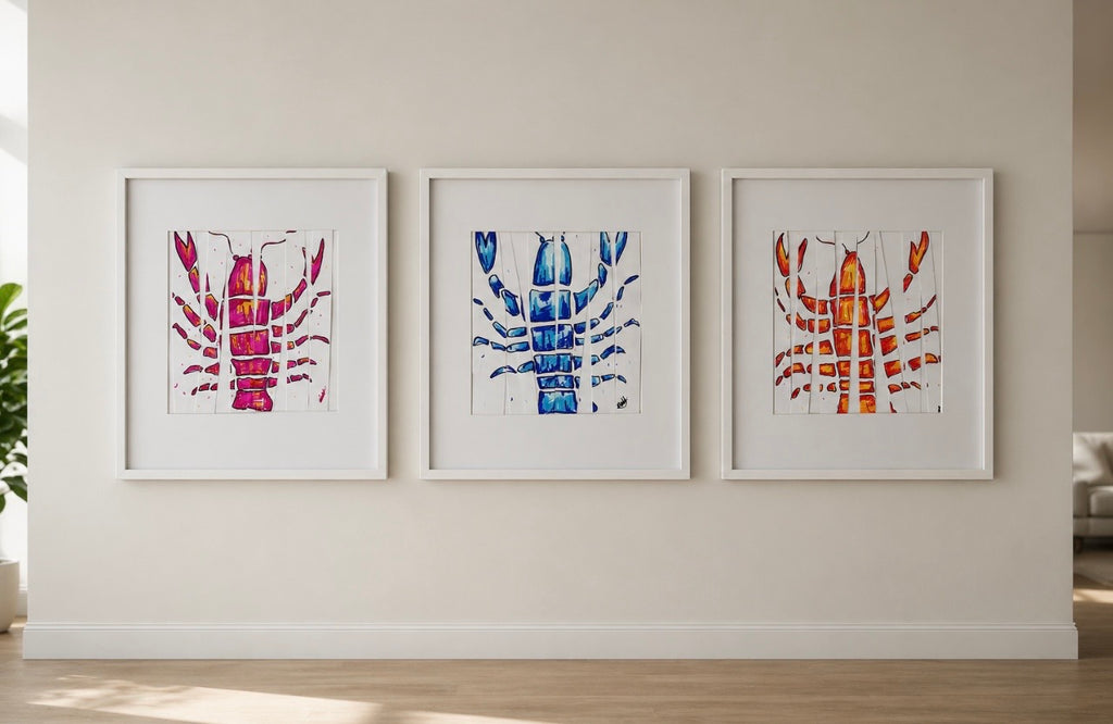 3 Bespoke 30cm Framed Lobster illustrations