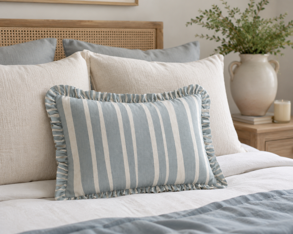 Blue striped feather filled cushion