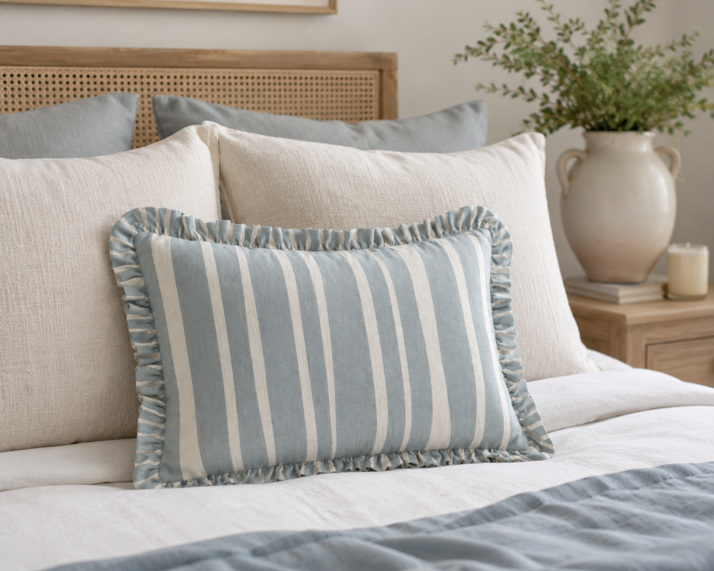 Blue striped feather filled cushion