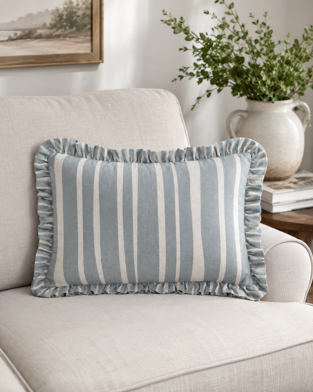 Blue striped feather filled cushion
