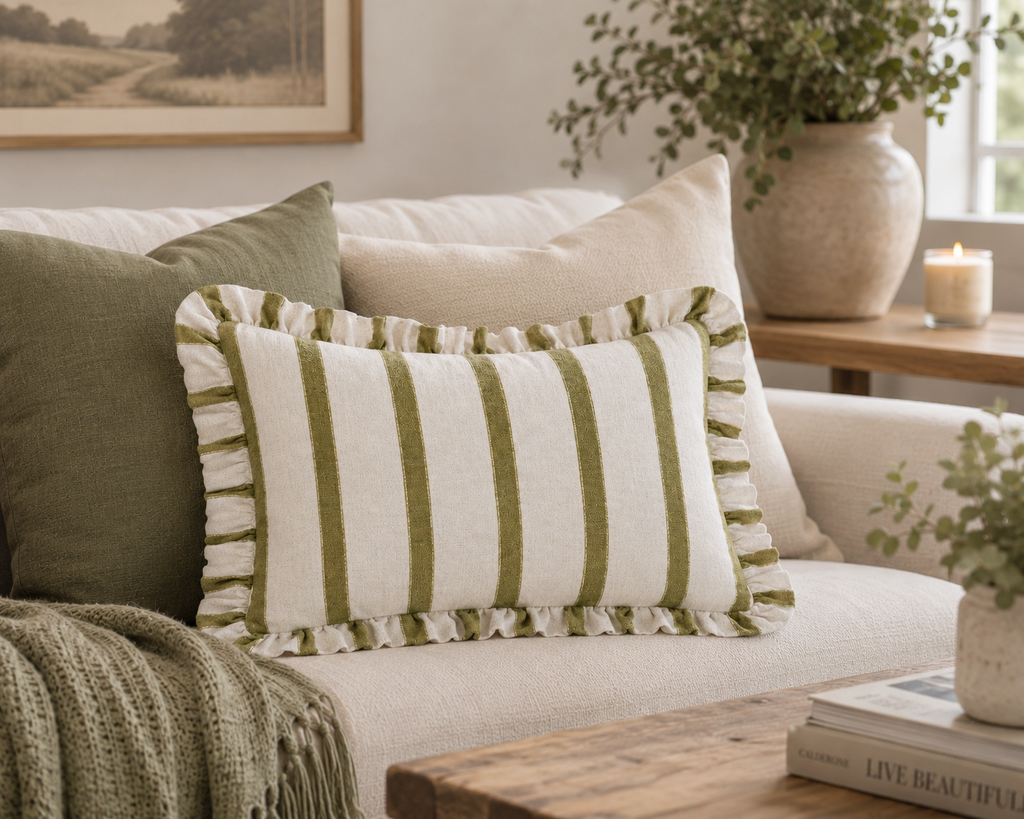 Olive feather cushion