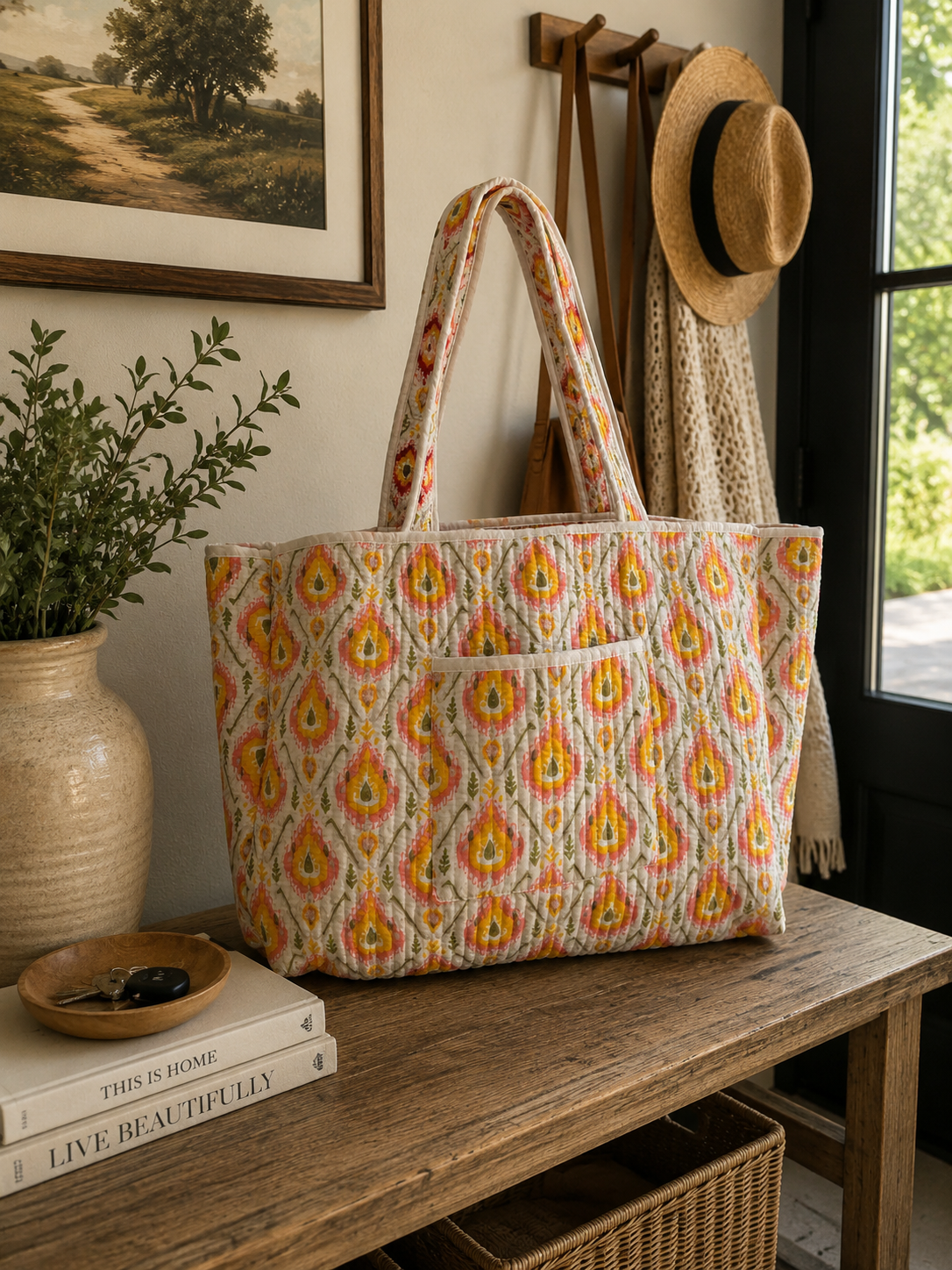 Small Saffron Reversible Patterned Fabric Tote Bag
