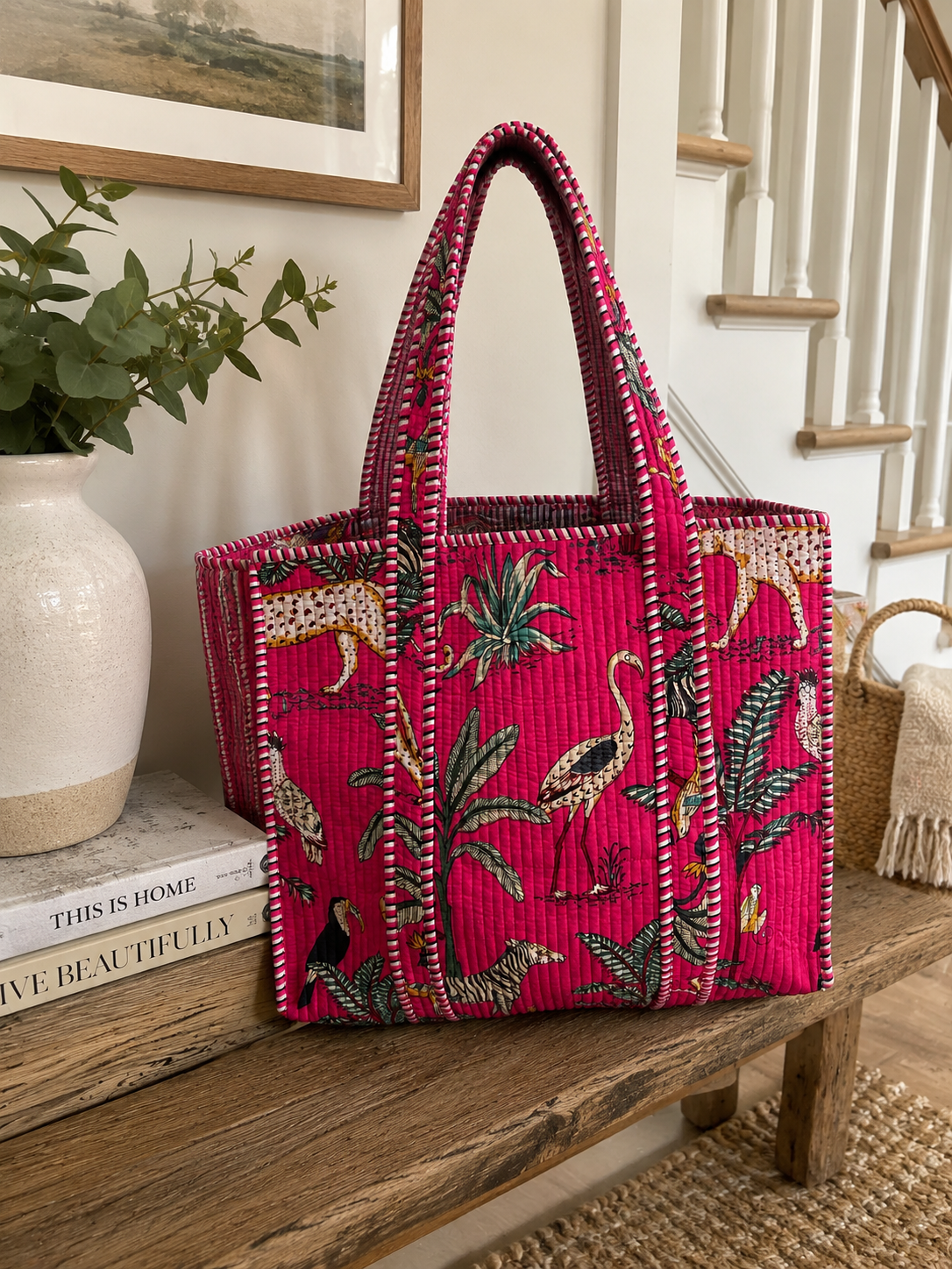 Large Pink Hibiscus Reversible Patterned Fabric Tote Bag