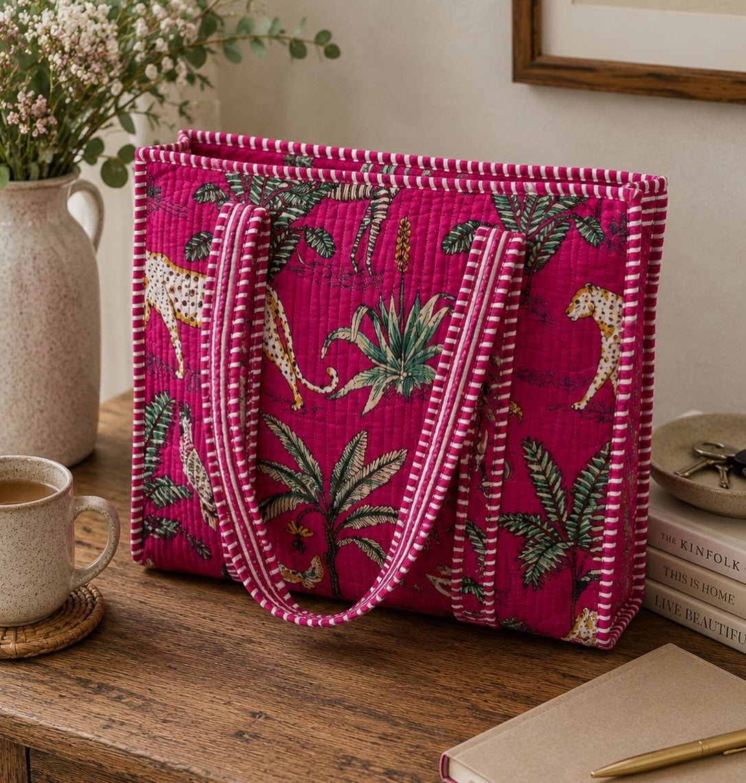 Large Pink Hibiscus Reversible Patterned Fabric Tote Bag