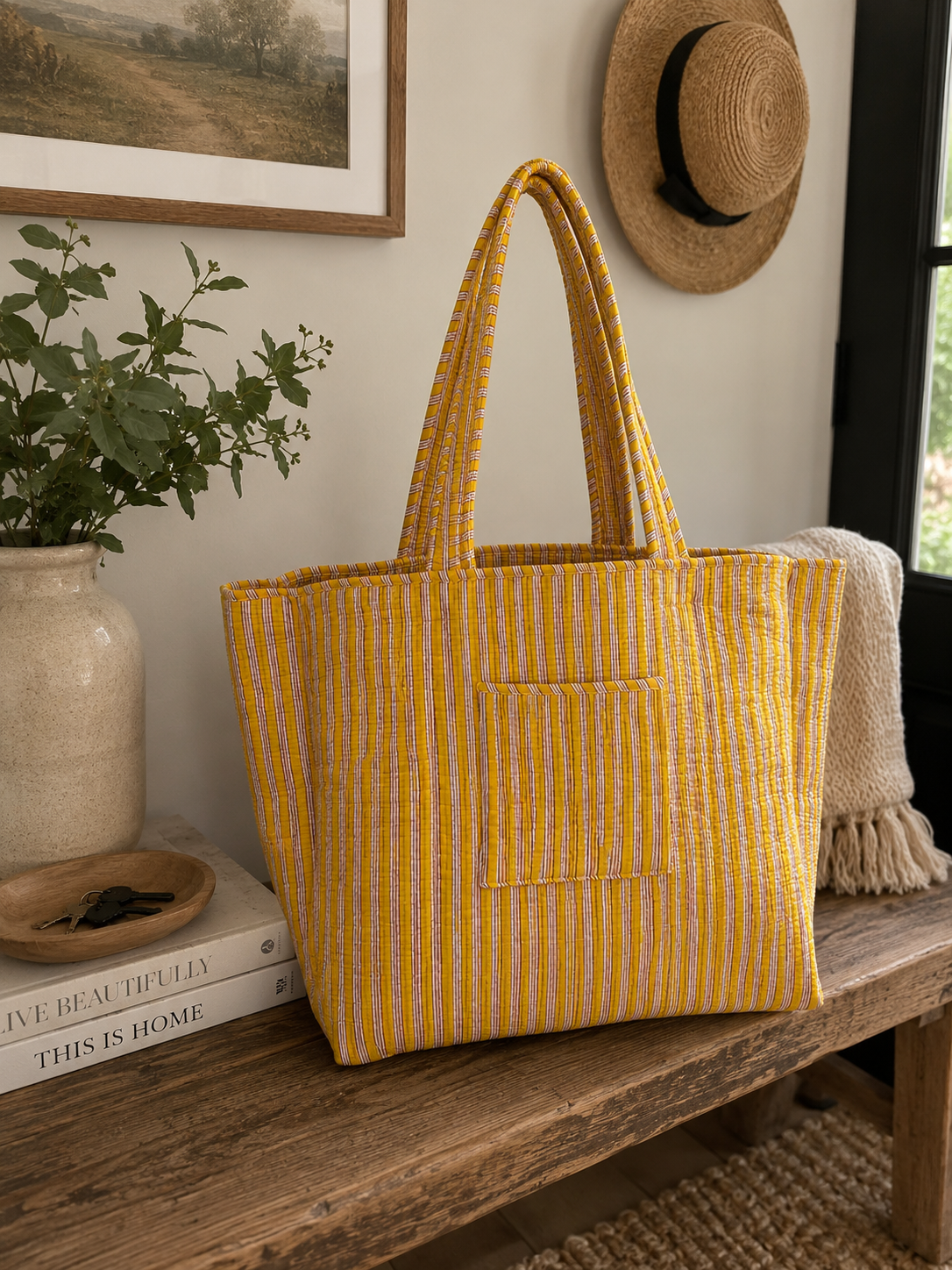 Large Golden Meadow Reversible Patterned Fabric Tote Bag