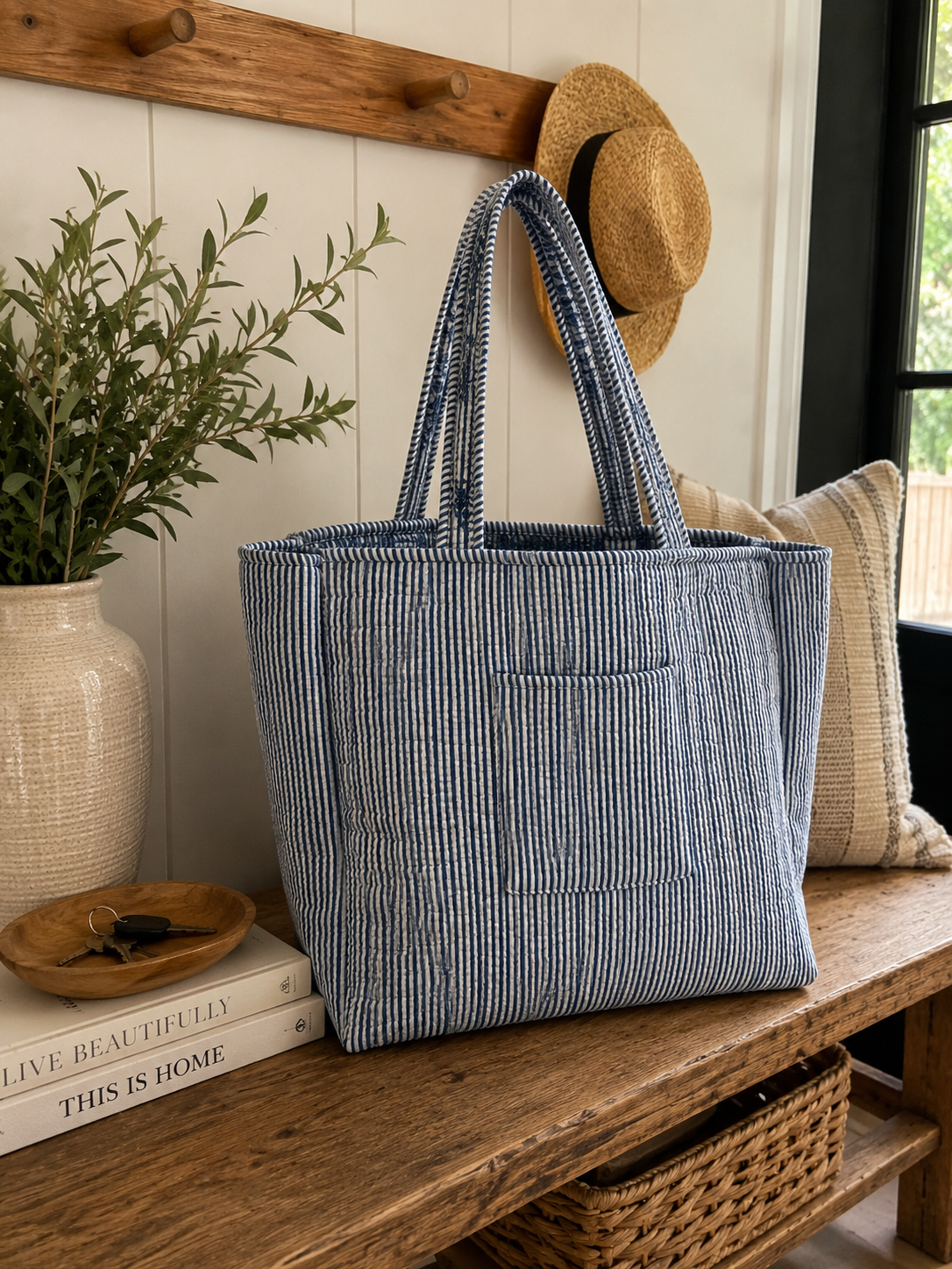 Large Jaipur Blue Reversible Patterned Fabric Tote Bag