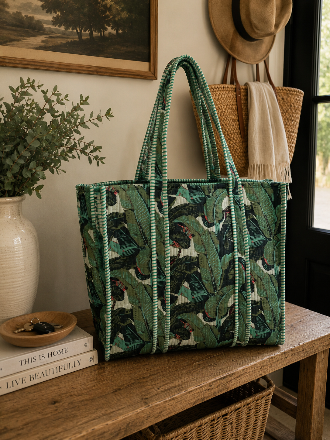 Large Banana Leaf Reversible Patterned Tote Bag