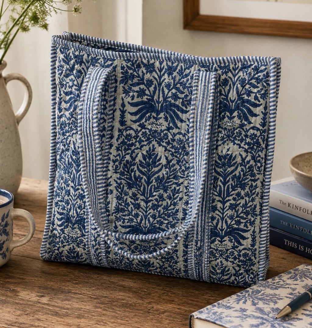 Large Jaipur Blue Reversible Patterned Fabric Tote Bag