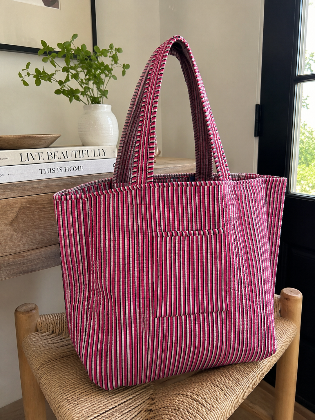 Large Pink Hibiscus Reversible Patterned Fabric Tote Bag