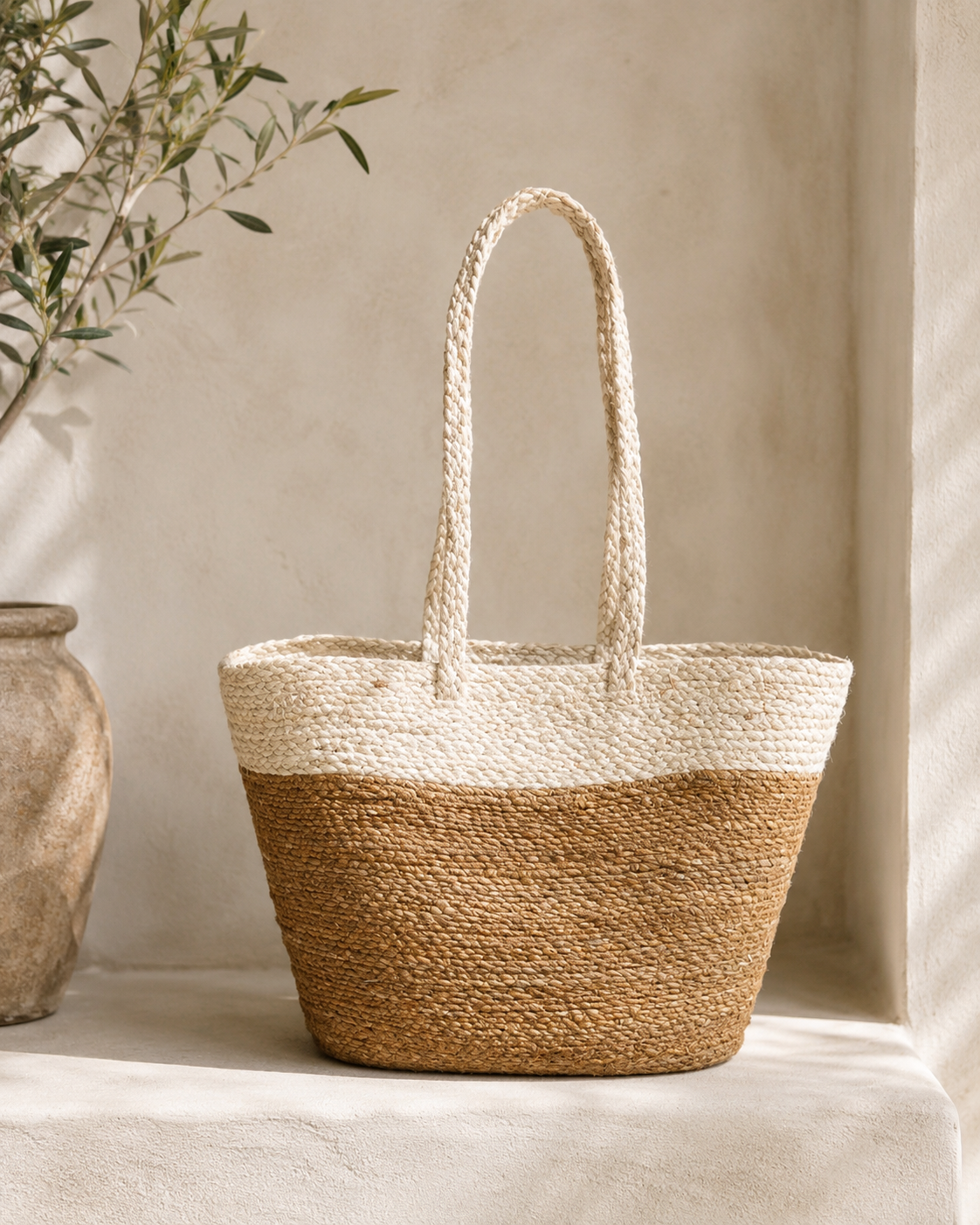 White Banded Woven Shopper