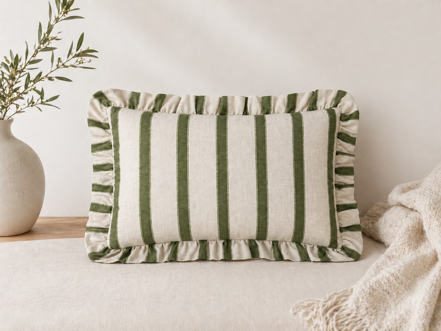 Connie Striped Moss Ruffled Feathered Cushion