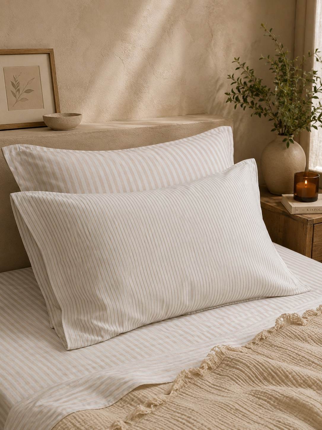 Pair of Natural Striped Pillow Cases