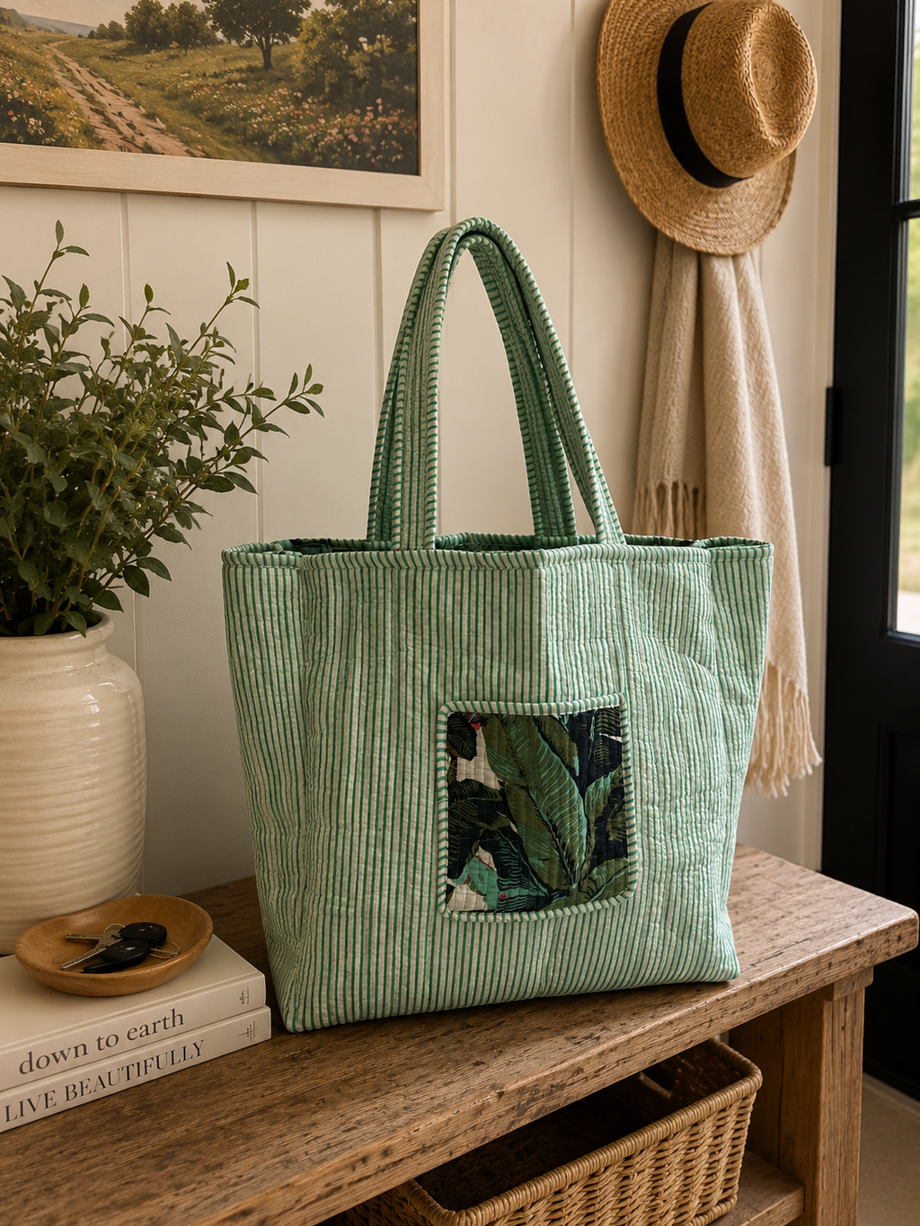 Large Banana Leaf Reversible Patterned Tote Bag