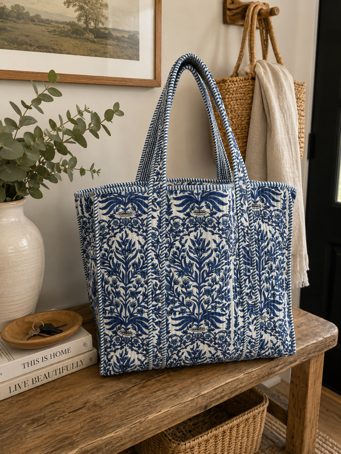 Large Jaipur Blue Reversible Patterned Fabric Tote Bag
