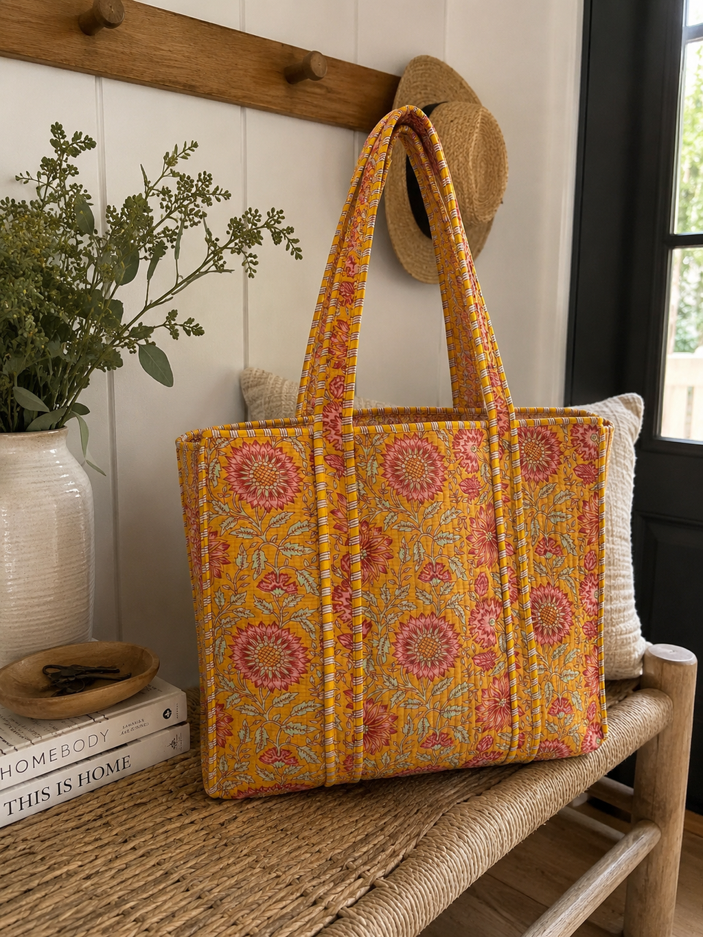 Large Golden Meadow Reversible Patterned Fabric Tote Bag